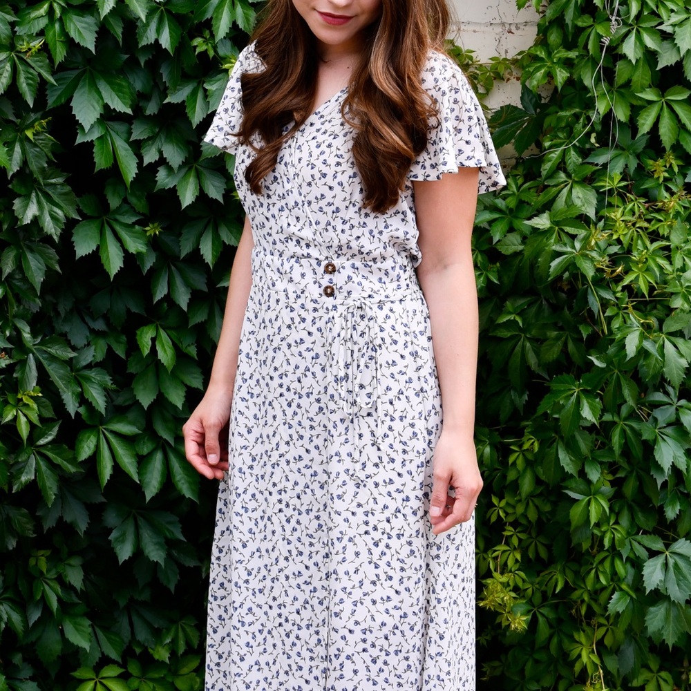 White Maxi Sienna Sky Dress with Blue Floral Details